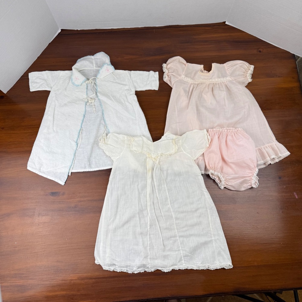 Vintage Handmade Baby Clothes Lot Pink Lace Dress Bloomers White Gown Robe 4pc